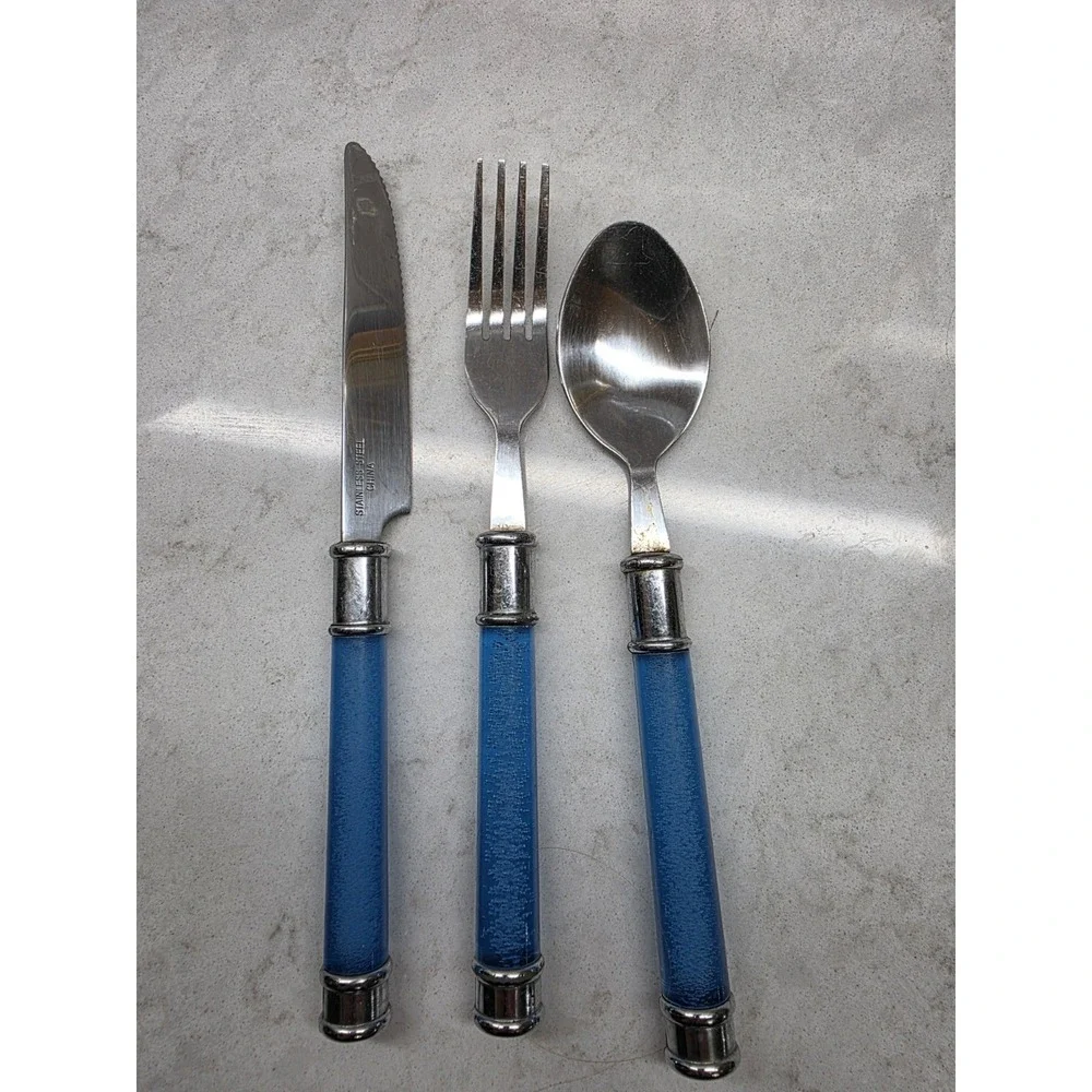 Lot of 3 Blue Lucite Handle Flatware 1 Fork/1 Spoon/1 Knife